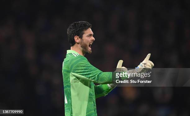 Scotland goalkeeper Craig Gordon reacts during the international friendly match between Scotland and Poland at Hampden Park on March 24, 2022 in...