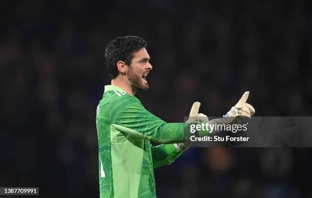 Scotland goalkeeper Craig Gordon reacts during the international friendly match between Scotland and Poland at Hampden Park on March 24, 2022 in...