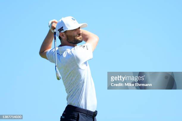 Kyle Stanley of the United States plays his shot from the second tee during the second round of the Corales Puntacana Championship at the Corales...