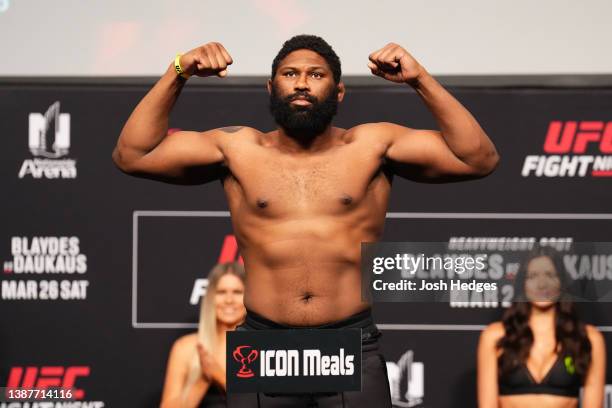 Curtis Blaydes poses on the scale during the UFC Fight Night ceremonial weigh-in at Nationwide Arena on March 25, 2022 in Columbus, Ohio.