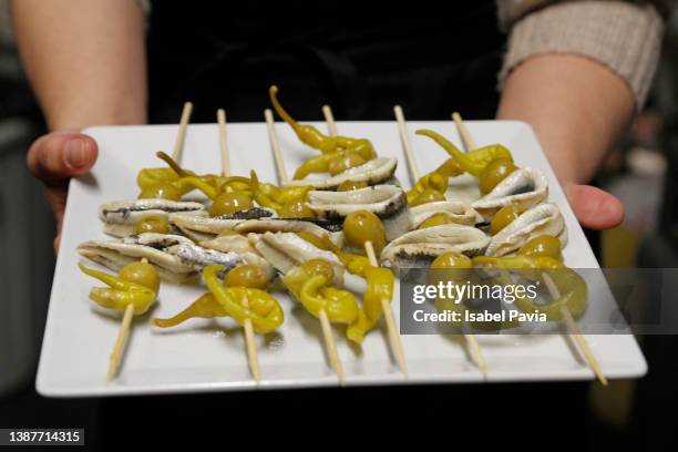 spanish tapas called "gildas" - anchovy fotografías e imágenes de stock