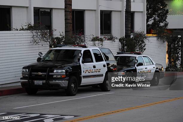 View of police cars seen outside of the Beverly Hilton Hotel before the Clive Davis and The Recording Academy's 2012 Pre-GRAMMY Gala And Salute To...