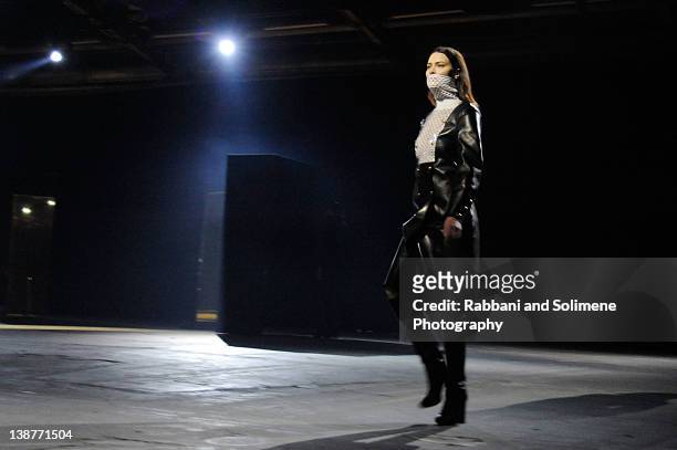 Shalom Harlow walks the runway at the Alexander Wang Fall 2012 fashion show during Mercedes-Benz Fashion Week at Pier 94 on February 11, 2012 in New...