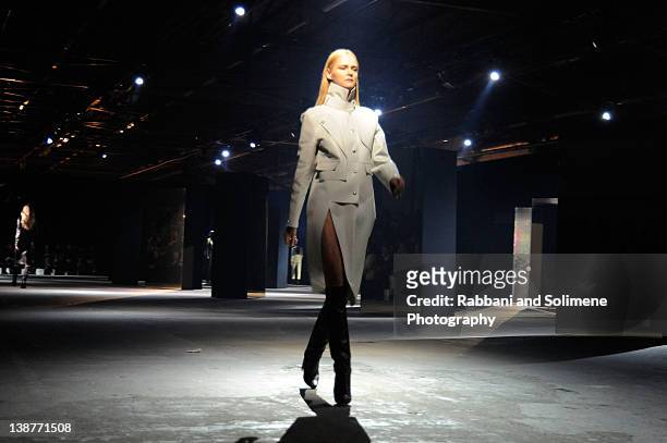 Carmen Kass walks the runway at the Alexander Wang Fall 2012 fashion show during Mercedes-Benz Fashion Week at Pier 94 on February 11, 2012 in New...