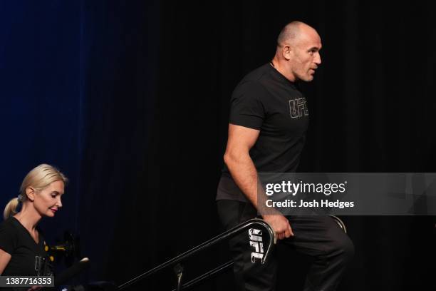 Aleksei Oleinik of Russia walks to the scale during the UFC Fight Night ceremonial weigh-in at Nationwide Arena on March 25, 2022 in Columbus, Ohio.