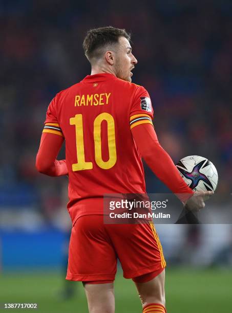 Aaron Ramsey of Wales looks on during the 2022 FIFA World Cup Qualifier knockout round play-off match between Wales and Austria at Cardiff City...