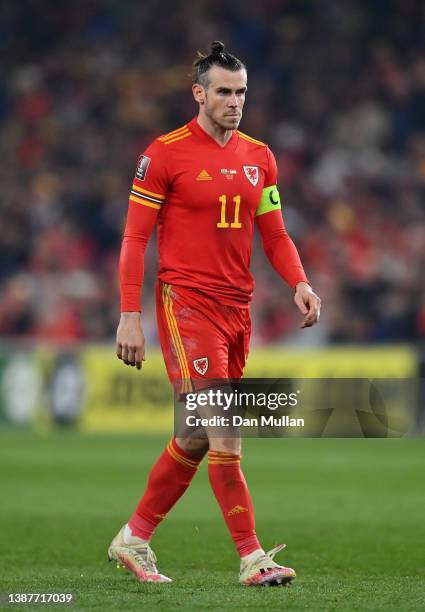 Gareth Bale of Wales looks on during the 2022 FIFA World Cup Qualifier knockout round play-off match between Wales and Austria at Cardiff City...