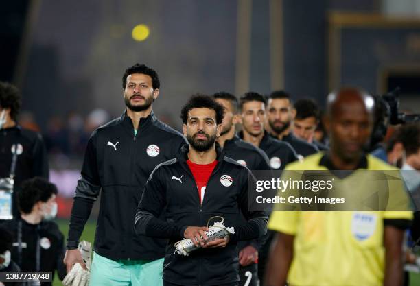 Mohamed Salah of Egypt leads out his side prior to the FIFA World Cup Qatar 2022 qualification match between Egypt and Senegal at Cairo International...