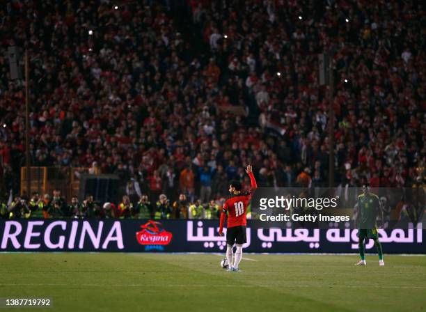 Mohamed Salah of Egypt prepares to take a freekick during the FIFA World Cup Qatar 2022 qualification match between Egypt and Senegal at Cairo...