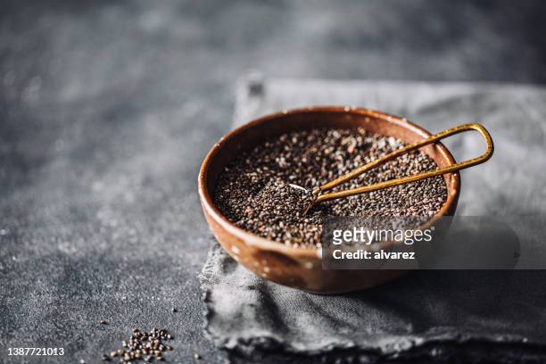 chia seeds in bowl with spoon - chai stockfoto's en -beelden