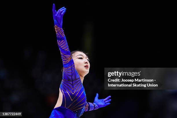 Kaori Sakamoto of Japan competes in the Ladies Free Skating during day 3 of the ISU World Figure Skating Championships at Sud de France Arena on...