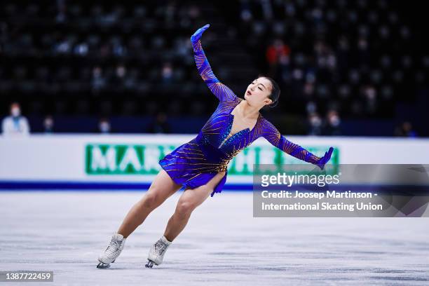Kaori Sakamoto of Japan competes in the Ladies Free Skating during day 3 of the ISU World Figure Skating Championships at Sud de France Arena on...