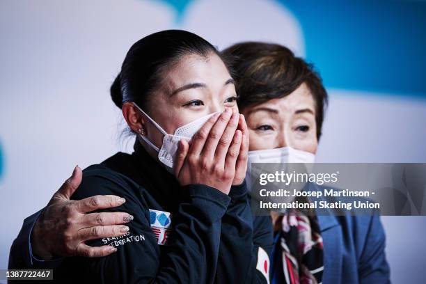 Kaori Sakamoto of Japan reacts at the kiss and cry after the Ladies Free Skating during day 3 of the ISU World Figure Skating Championships at Sud de...