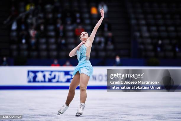 Alysa Liu of the United States competes in the Ladies Free Skating during day 3 of the ISU World Figure Skating Championships at Sud de France Arena...