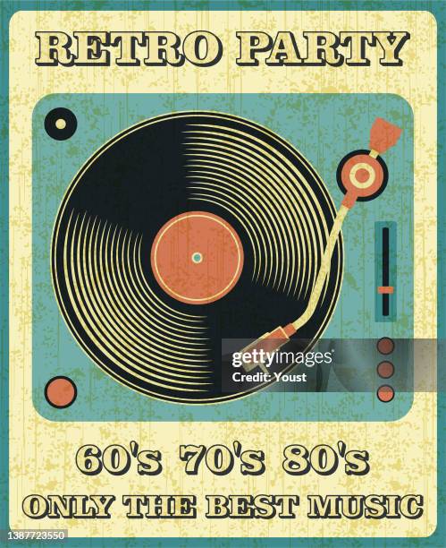 stockillustraties, clipart, cartoons en iconen met retro music and vintage vinyl record poster in retro desigh style. disco party 60s, 70s, 80s. - grammofoon