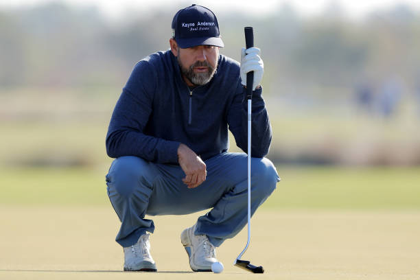 Eric Compton studies a putt on the third green during the second round of the Lake Charles Championship at Country Club at Golden Nugget on March 25,...