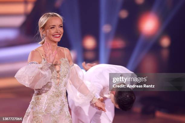 Janin Ullmann and Zsolt Sándor Cseke perform on stage during the 5th show of the 15th season of the television competition show "Let's Dance" at MMC...