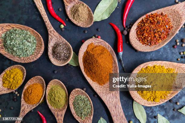 assortment of dried ground herbs and spices displayed in spoons - paprika gewürz stock-fotos und bilder