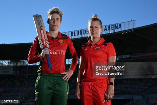 Captains Elyse Villani of the Tigers and Jemma Barsby of the Scorpians pose for photos during a media opportunity ahead of the WNCL Final, at...