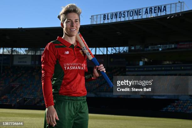 Elyse Villani Captain of the Tigers poses for photos during a media opportunity ahead of the WNCL Final, at Blundstone Arena on March 26, 2022 in...