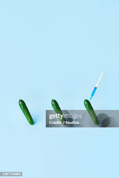 three cucumbers in a row with a syringe stuck in one - food studio shot stock pictures, royalty-free photos & images