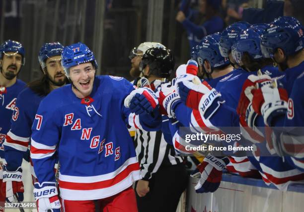 Frank Vatrano of the New York Rangers celebrates his first period goal against the Pittsburgh Penguins at Madison Square Garden on March 25, 2022 in...