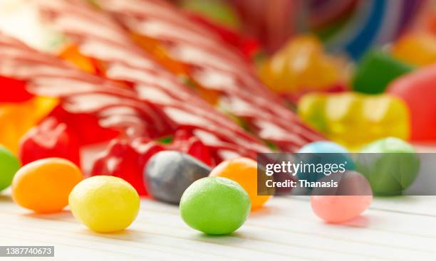 jelly beans, sugar candies - candy jar stock pictures, royalty-free photos & images