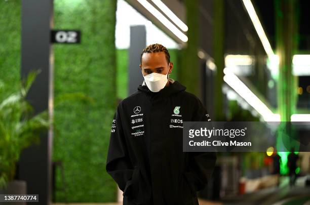 Lewis Hamilton of Great Britain and Mercedes leaves the paddock after the drivers and team principals meeting after practice ahead of the F1 Grand...