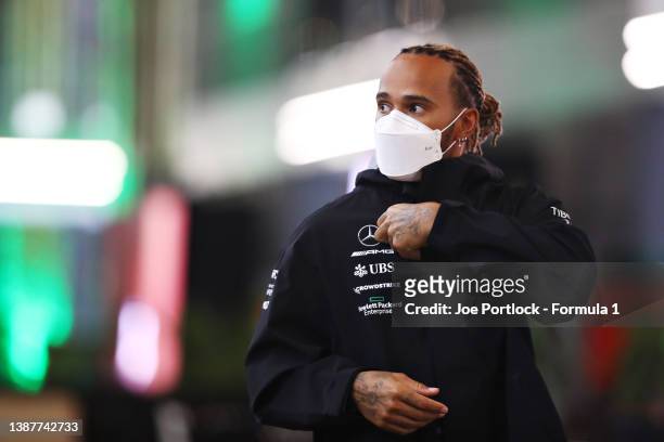 Lewis Hamilton of Great Britain and Mercedes leaves the paddock after the drivers and team principals meeting after practice ahead of the F1 Grand...