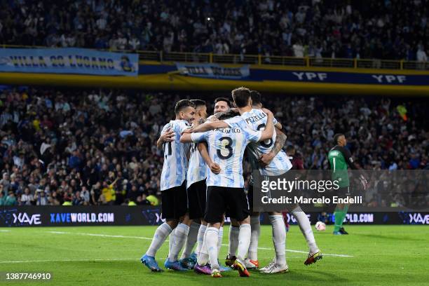 Angel Di Maria of Argentina celebrates with teammates after scoring the second goal of his team during the FIFA World Cup Qatar 2022 qualification...
