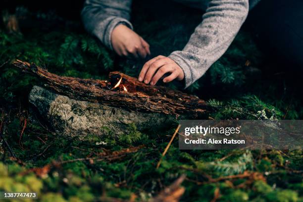 close up of a person starting a small fire in a forest on a rainy day - überlebenskünstler stock-fotos und bilder