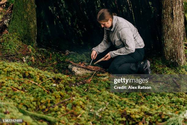a woman in a makeshift survival shelter prepares to make a small campfire - makeshift shelter stock pictures, royalty-free photos & images