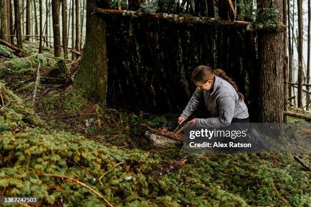 a woman in a makeshift survival shelter prepares to make a small campfire - makeshift shelter stock pictures, royalty-free photos & images