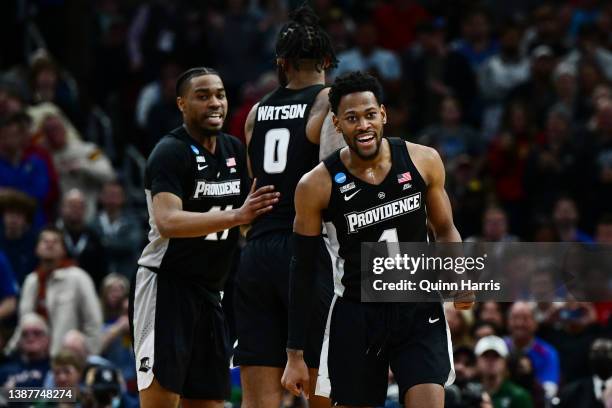 Al Durham of the Providence Friars reacts with his teammates after a play against the Kansas Jayhawks during the second half in the Sweet Sixteen...