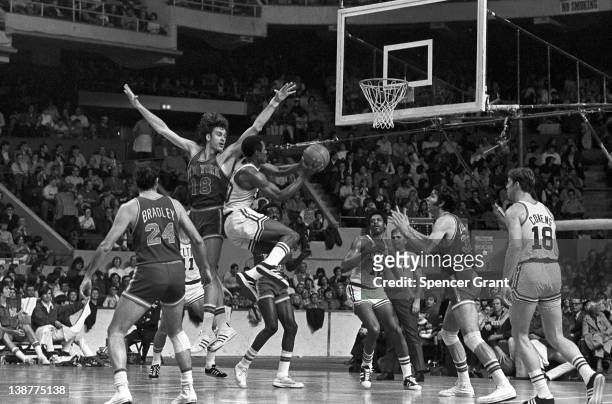 Basketball player Jo Jo White of the Boston Celtics jumps during a game against the New York Knicks in Boston Garden, Boston, Massachusetts, 1972.