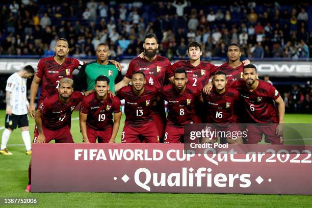 Players of Venezuela pose for the team photo prior to the FIFA World Cup Qatar 2022 qualification match between Argentina and Venezuela at Estadio...