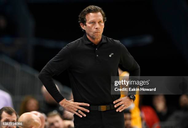 Head coach Quin Snyder of the Utah Jazz looks on against the Charlotte Hornets during the third quarter at Spectrum Center on March 25, 2022 in...