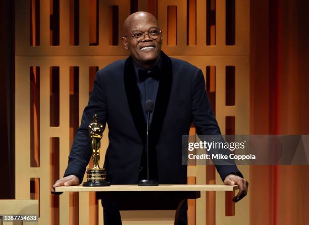 Samuel L. Jackson accepts the honorary award onstage during the 2022 Governors Awards at The Ray Dolby Ballroom at Hollywood & Highland Center on...