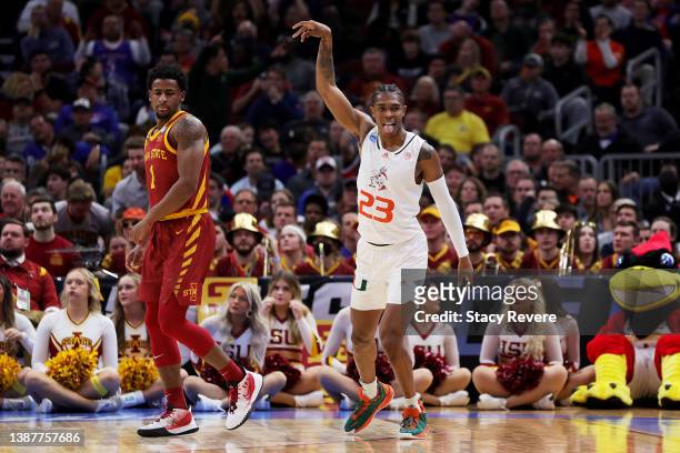 Kameron McGusty of the Miami Hurricanes celebrates after a basket against the Iowa State Cyclones during the first half in the Sweet Sixteen round...