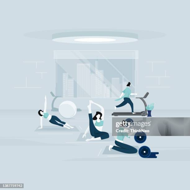 young girls and women exercising in fitness club or gym - kids running inside stock illustrations