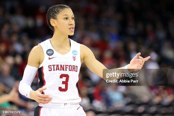 Anna Wilson of the Stanford Cardinal reacts against the Maryland Terrapins during the second half during the Sweet Sixteen round of the NCAA Women's...