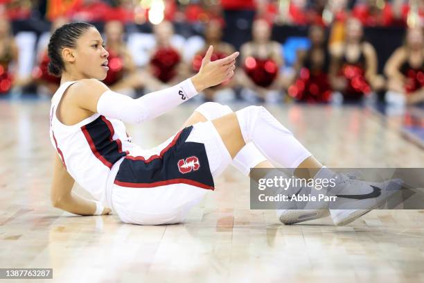 Anna Wilson of the Stanford Cardinal reacts against the Maryland Terrapins during the second half during the Sweet Sixteen round of the NCAA Women's...