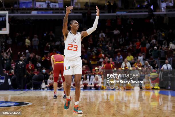 Kameron McGusty of the Miami Hurricanes celebrates after the 70-56 win over the Iowa State Cyclones during the second half in the Sweet Sixteen round...