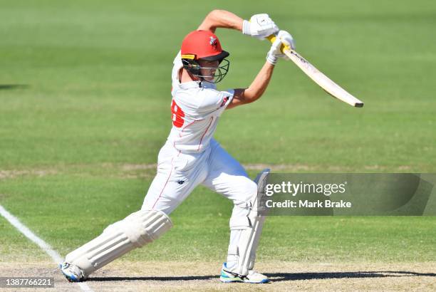 Nathan McSweeney of the Redbacks bats during day four of the Sheffield Shield match between South Australia and New South Wales at Karen Rolton Oval,...