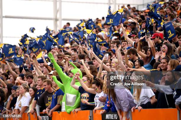 Fans in the zoo cheer on during the round six Super Rugby Pacific match between the Highlanders and the Blues at Forsyth Barr Stadium on March 26,...