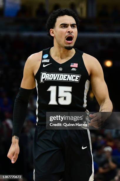 Justin Minaya of the Providence Friars reacts during the first half in the Sweet Sixteen round game of the 2022 NCAA Men's Basketball Tournament...