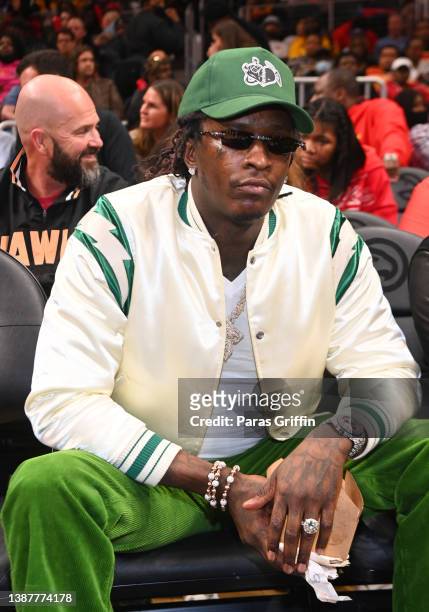 Rapper Young Thug attends the game between Golden State Warriors and the Atlanta Hawks at State Farm Arena on March 25, 2022 in Atlanta, Georgia.