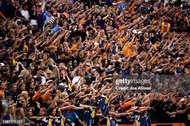 Fans watch on during the round six Super Rugby Pacific match between the Highlanders and the Blues at Forsyth Barr Stadium on March 26, 2022 in...