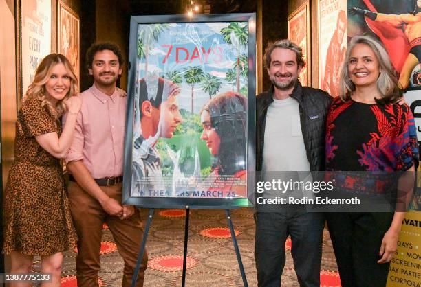 Liz Cardenas, Karan Soni, Jay Duplass, and Gita Reddy arrive at the Los Angeles premiere of "7 DAYS" at Alamo Drafthouse Cinema Downtown Los Angeles...