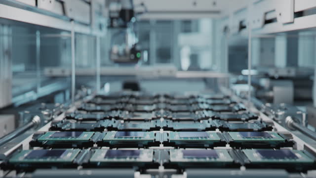 Shot of Production Line with Computer Processors on Electronics Factory. Microchip Manufacturing Process.